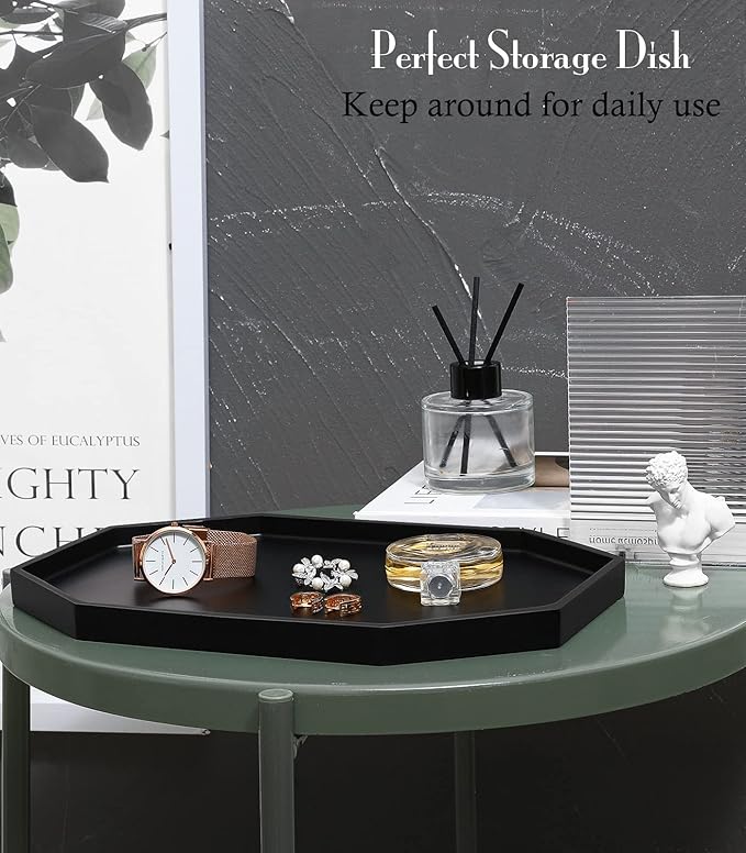 Shinowa Decorative Tray - Resin Bathroom Vanity Tray, Octagon Perfume & Jewelry Ring Dish for Countertop, Bedroom Dresser, Living Room Table, Kitchen Sink - Large, Matte Black