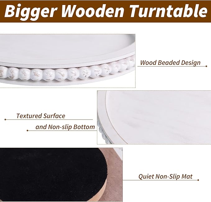 HPC Decor 12Inch Beaded Lazy Susan- Wooden Lazy Susan Organizer for Farmhouse Table Decor, Round Turntable for Table Cabinet,Countertop- Kitchen Turntable 360 Degrees Rotating Table Spinning Tray.