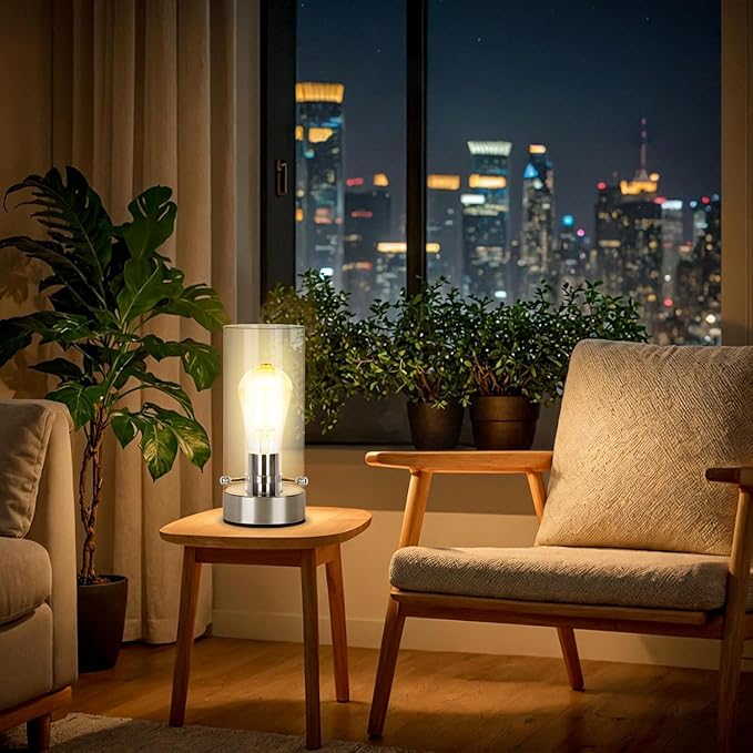 Bedside Table Lamp for Bedroom Living Room, Modern Nightstand Lamp with Glass Lamp Shape, 2700K 6W Glass Bulb Included(Nickel).