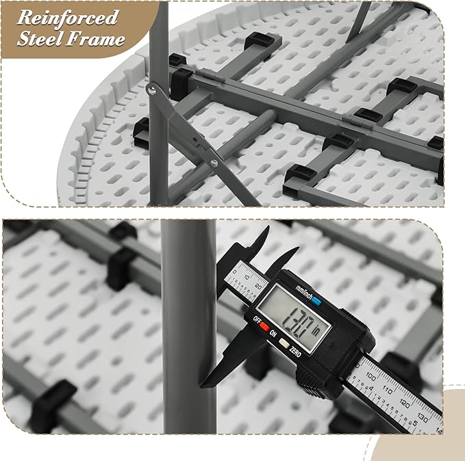 Athena Collection 5.5 ft Plastic Folding Dining Table, Large Foldable Round Card Table Portable with Carry Handle Heavy Duty Fold-in-Half for Indoor Outdoor Party Camping, Grey