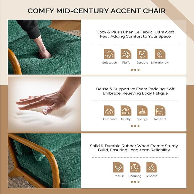 VINGLI Chenille Mid-Century Modern Accent Chair Set of 2, Cute Reading Arm Chair with Cushion & Lumbar Pillow & Solid Wood Frame for Lounge, Living Room, Reading Room, Bedroom, Forest-Green