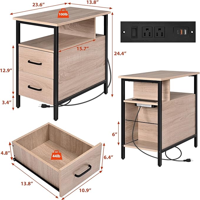 Livofloral Side Tables with Charging Station, Narrow End Table with 2 Wooden Drawers, USB Ports and Power Outlets, Narrow Nightstand and Bedside Table, Side Tables Living Room, Bedroom, Greige