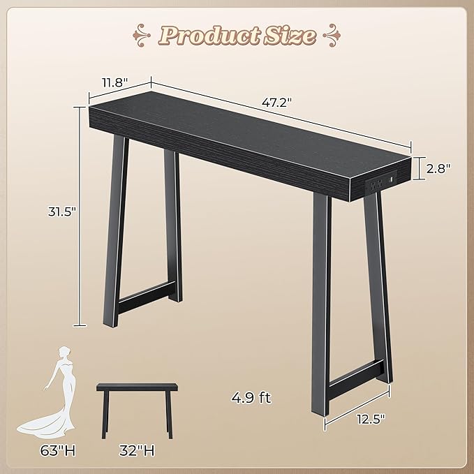 Huuger Entryway Console Table with Charging Station, USB-C Port, 47.2 Inch Sofa Table with Metal Legs, Entry Hallway Table with Thicker Desktop, Modern Behind Couch Table, Black