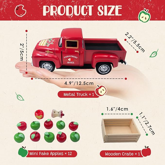 Apple Decor Farmhouse Vintage Red Truck with Fake Apples and Wooden Crate Fall Thanksgiving Table Decorations Mini Apples for Crafts Fall Tiered Tray Decor for Home Kitchen Apple Theme New Year Gifts