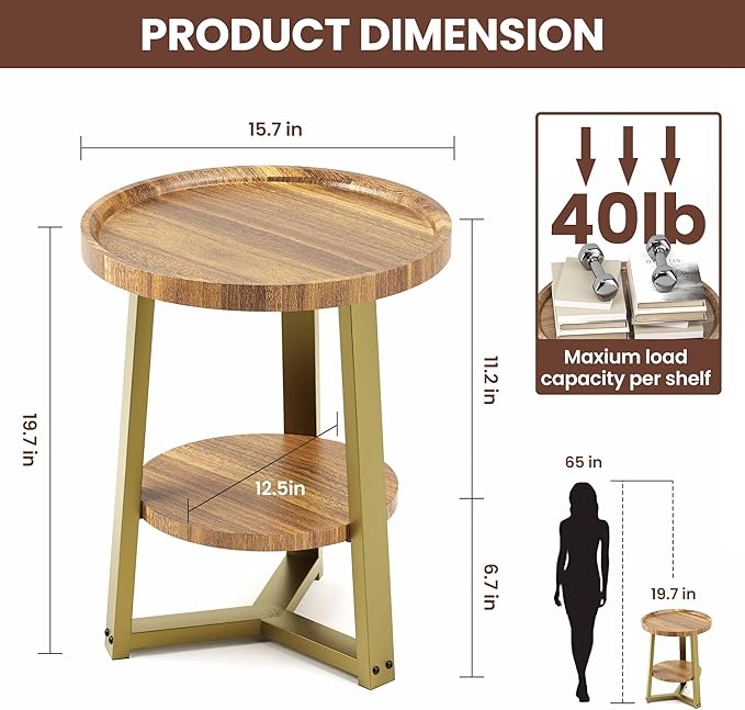 PPAMAPIC Round End Table, 2 Tier Side Table with Storage Shelf, Nightstand Accent Table for Living Room Bedroom Small Space, Golden Metal Frame, 15.7" D x 19.7" H, Rustic Brown
