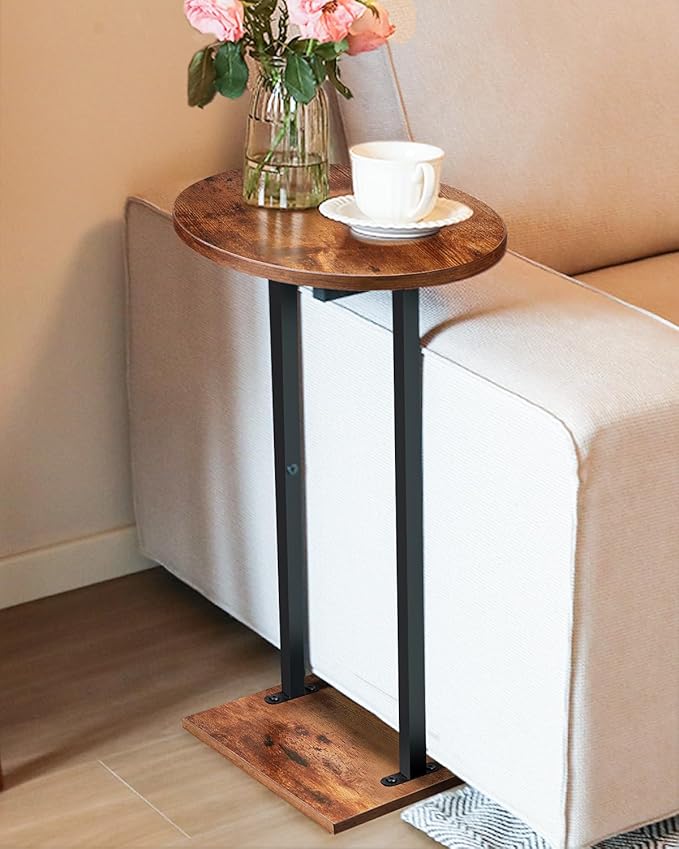 Eufrozy Small Side Table for Small Spaces, 24 inch Wooden Round End Table with Fabric Basket, Wood Accent Table for Couch Sofa Drink Sidetable Living Room Bedroom Rustic