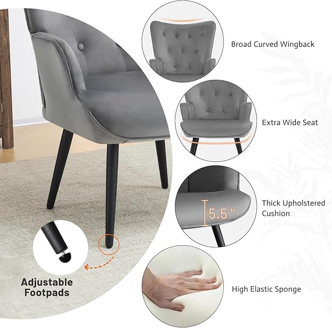 Furniliving Velvet Accent Chair for Living Room, Upholstered Reading Chair with High Backrest, Tufted-Button Wingback Armchair for Bedroom, Dressing Room, Home Office, Light Grey, Set of 2