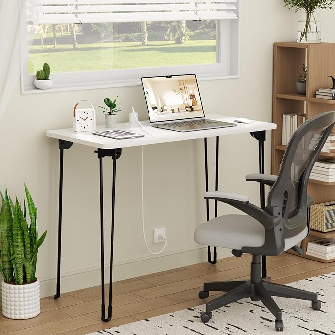 Folding Desk, 31.5" Hairpin Legs Small Desk with Power Strip for Bedroom, Space Saving Foldable Computer Desk for Home Office, No Assembly Need,White
