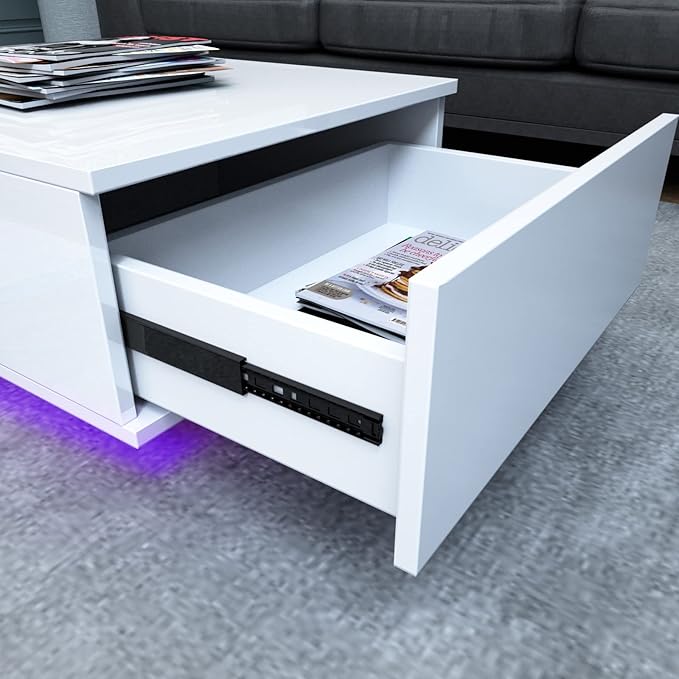 COSVALVE Modern White LED Coffee Tables for Living Room with Drawer & 16-Color LED Lights, Rectangle Living Room Sofa Table with Ample Storage Space(23.6" D x 43.3" W x 15.7" H)