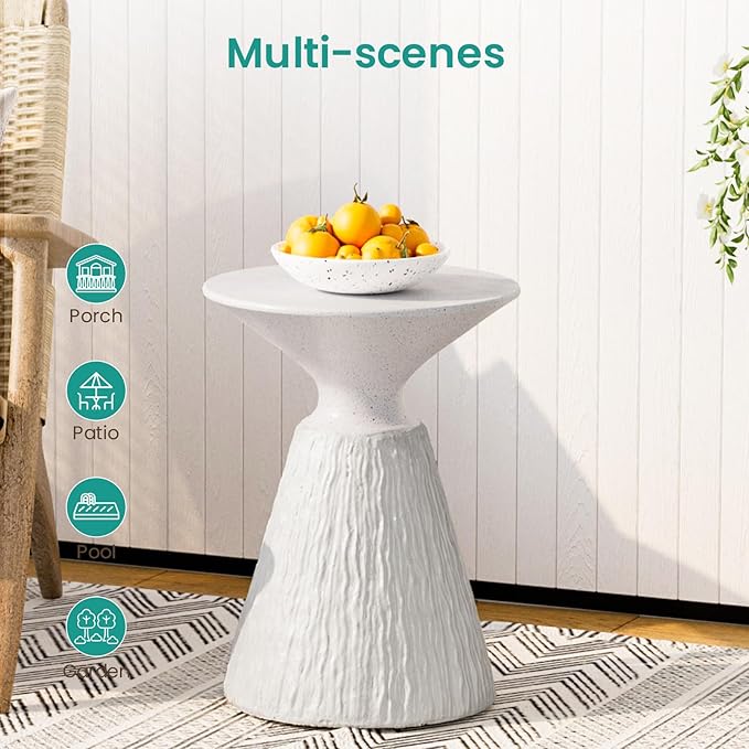 SUNBURY Outdoor Side Table, Round Concrete Side Table, Mushroom End Table for Plant Stand, Modern Accent Table, Marble Garden Stool for Patio, Poolside, Spotted White