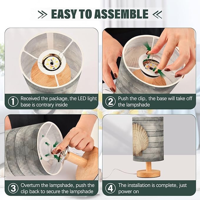 Table Lamp Nautical Seashell Marine Sea Life Scallop Shell Old Vintage Wooden Nightstand Lamp with Wood Base Fabric Lamp Shade Bedside Desk Lamp for Living Room Bedroom Kids Room Office