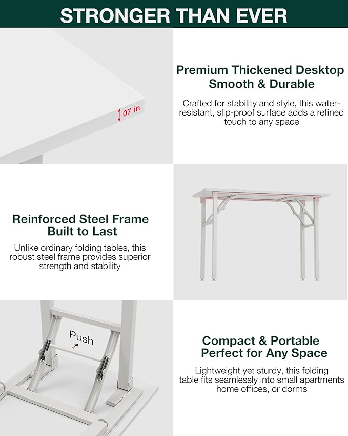 Frylr Small Folding Computer Desk – 43.3 Inch Portable Table for Craft and Study, Lightweight Desk for Small Spaces, Foldable Laptop Table Built-in AC/USB Outlets for Convenience, White