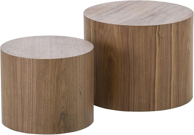 Nesting Coffee Table Set of 2, Modern Round Wooden Circle Accent Coffee Tables for Small Spaces Living Room Bedroom Balcony Office Drum Side Table