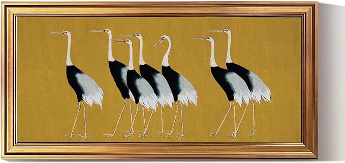 HUARCEY Gold Framed Vintage Wall Art for Living Room, Animals Painting Prints Shelf Decor for Kitchen, Aesthetic Bedroom Wall Art Decor, Christmas Gifts for Friends or Family (Seven Cranes 20"x40")