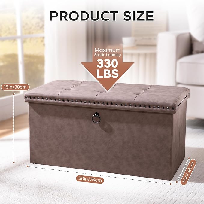 30 Inches Storage Ottoman Bench, Foldable Foot Rest with Rivet Design, 15 x 30 x 15 Inches, End of Bed Bench Footstool, Storage Chest, Load up to 330 lb, for Living Room, Bedroom, Entryway, Oak Brown