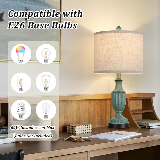 TOBUSA Farmhouse Living Room Table Lamps Set of 2, Green Rustic Vintage Table Lamps for Bedroom Nightstand, Antique Bedside Desk Lamps with Linen Shade, 22’’ Traditional Resin Lamp Sets for End Table