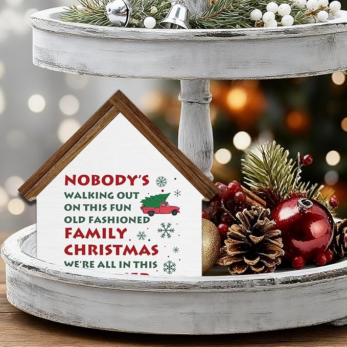 Funny Christmas Decor, Old Fashioned Family Christmas House Shaped Wood Block Sign, Xmas Holiday Vacation Home Decorations for Desk Table Shelf
