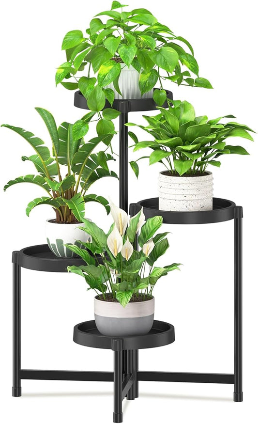 iDavosic.ly 4 Tier Folding Plant Stand Indoor Outdoor with Plastic Tray, Tiered Corner Flower Holder Shelf, Metal Orchid Display Rack for Patio Porch Living Room Garden Balcony, Modern Black