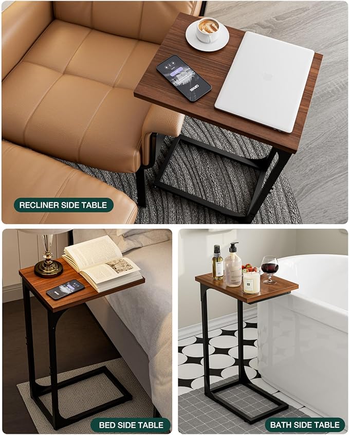 C-Shaped Side Table for Couch - Small Coffee Stand Sofa Tray Desk with Metal Frame and Waterproof Scratch Resistant, Modern End Accent for Living Room, Bedroom, Small Spaces, Rustic Walnut