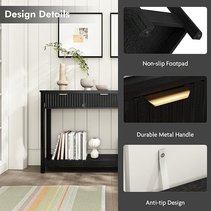 Fluted Console Table with Drawers, Modern 47.1" Entryway Table with Storage Shelf, Boho Narrow Skinny Behind Couch Wood Sofa Table for Living Room Hallway Entrance Foyer, Black
