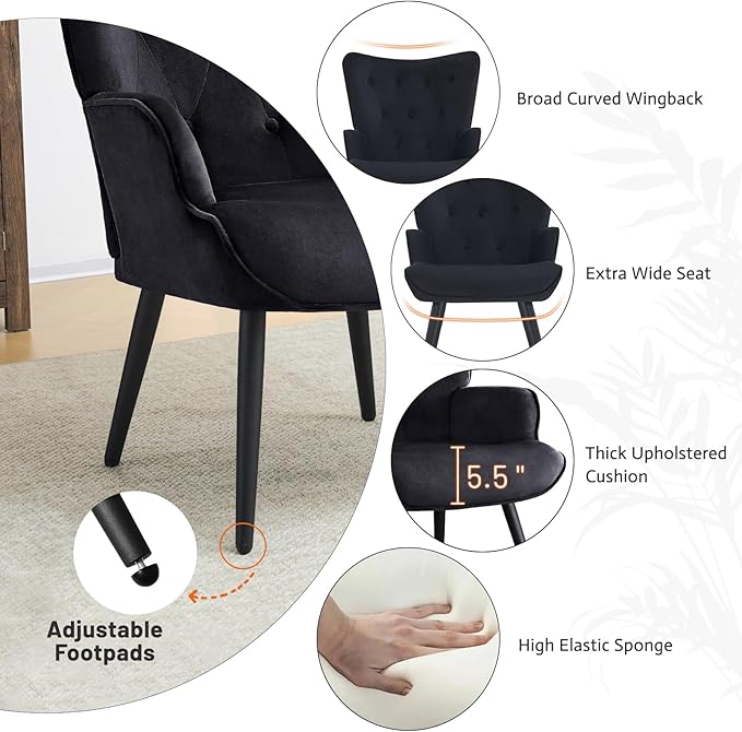 Furniliving Velvet Accent Chair Modern Upholstered Side Armchair with Tapered Legs Tufted Button Wingback Sofa Chairs Tall Back Reading for Living Room Bedroom Waiting Room, Black