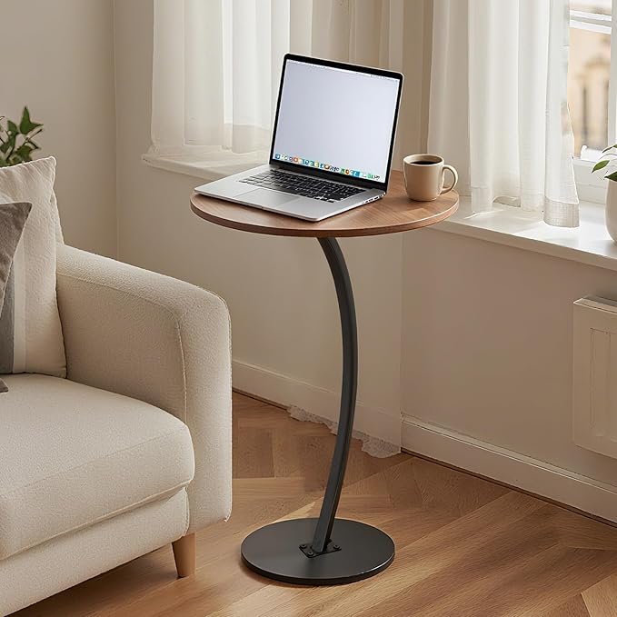 C-Shaped End Table, Round End Table for Living Room，Small Side Table for Couch, Retro Sofa Table with Metal Frame for Bedroom, Bedside Nightstand Rustic (Walnut)