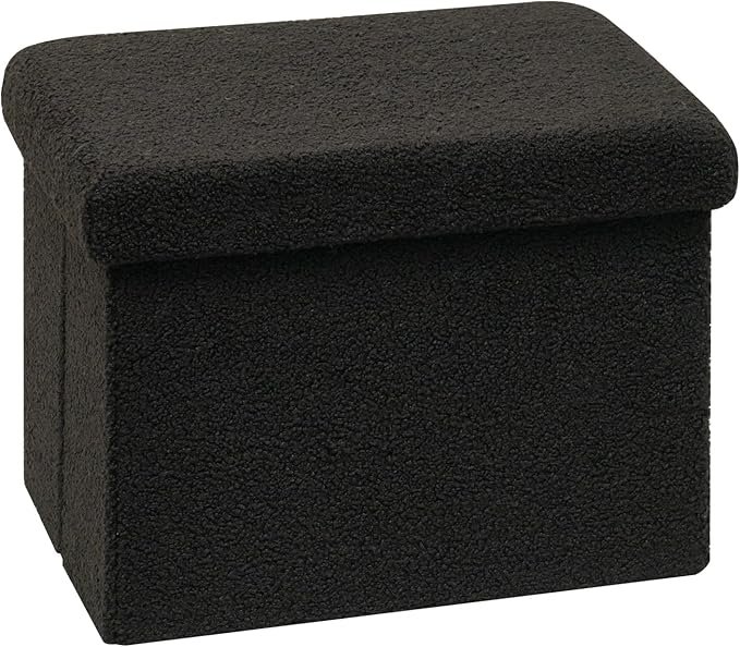 B FSOBEIIALEO Storage Ottoman Cube Small Sherpa Ottoman Foot Rest, Foldable Portable Boucle Ottomans, Faux Teddy Fur, Black 16.5"x12.6"x12.6"