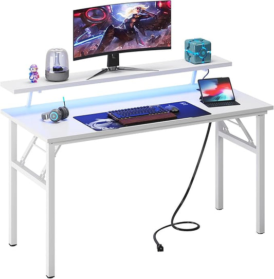 DlandHome Computer Desk 47’’ with LED Lights & Power Outlets,Folding Desk with Monitor Stand, Writing Desk Home Office Desk, Fully Assembled,White