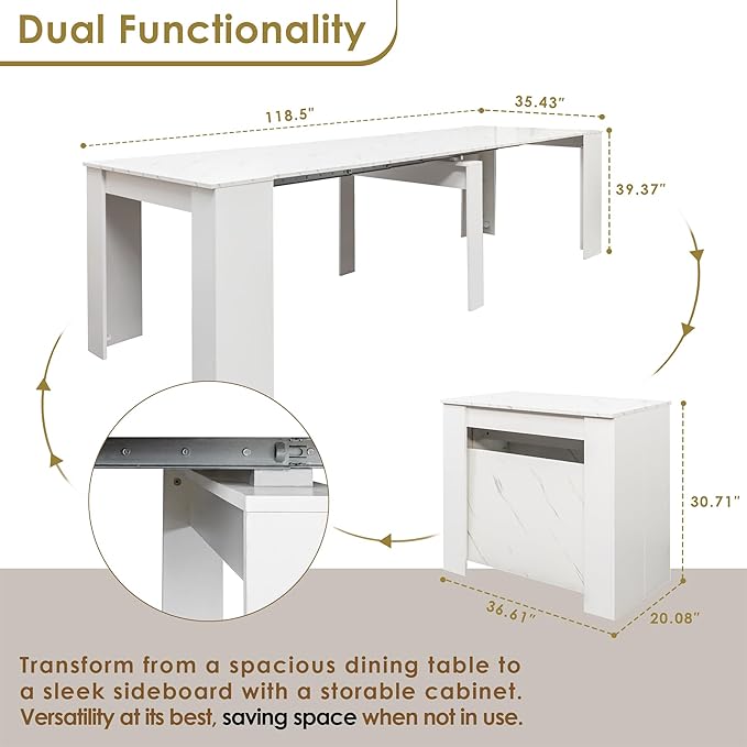 DMAITH 20"-118" White Marble Extendable Dining Table for 2-12 People, Modern Modular Extension Table, Space-Saving Extra Long Folding Dining Table, Multifunctional Conference Meeting Table