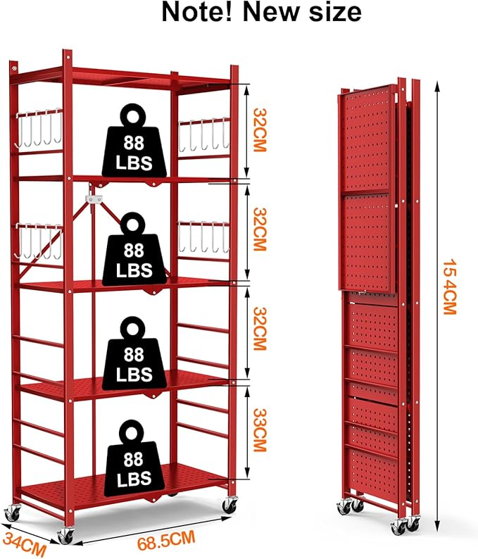 Storage Shelves with 20 Hooks, 5-Tier Foldable Shelves for Storage, Folding Utility Shelf Unit Pantry Shelf with Wheels, Metal Shelving Unit Rack for Garage Christmas Room, Red - No Assembly