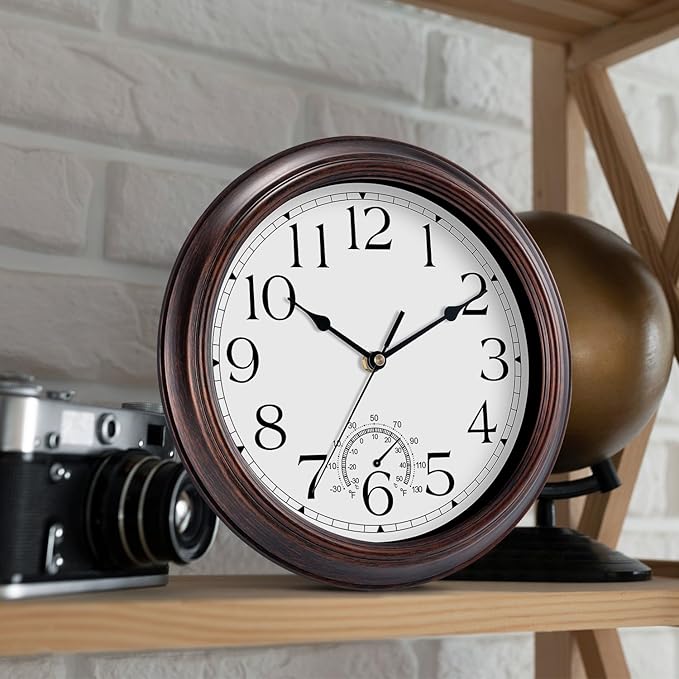 14 Inch Outdoor Wall Clock with Thermometers, Vintage Silent Wall Clocks Battery Operated, Retro Non-Ticking Clock Decorative for Living Room, Patio, Kitchen, Office, Bathroom, Bedroom(Bronze)