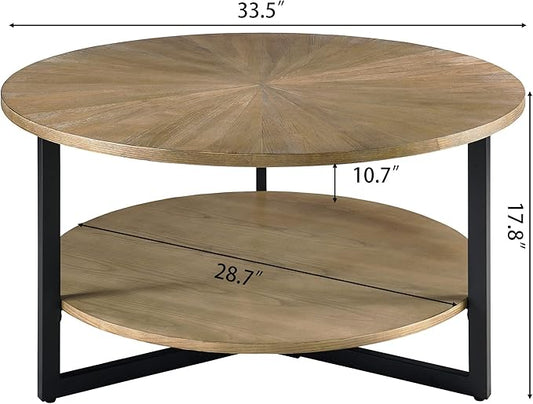 Round Coffee Table with Storage Shelf, 33.5in Circle Accent Center Table with Black Metal Legs, 2-Tier Industrial Cocktail Table for Living Room, Yellowish Brown-1338