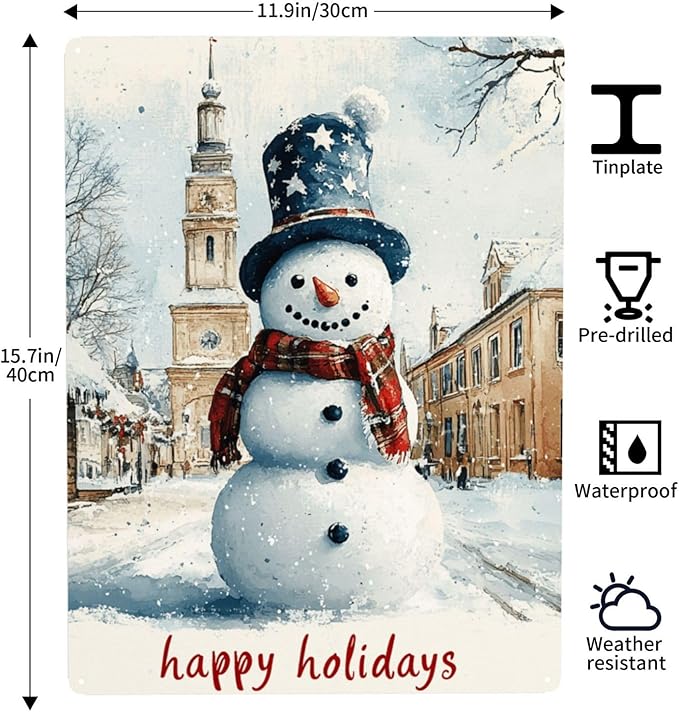 Cafemira Metal Signs,Happy Holiday Snowman,Tin Sign Art Wall Home Decor,Metal Plaque,For Cafe,Living Room,Bedroom,Office,Indoor Outdoor Decor,Practical Decorative Poster.Easy To Hang,12x16 Inch