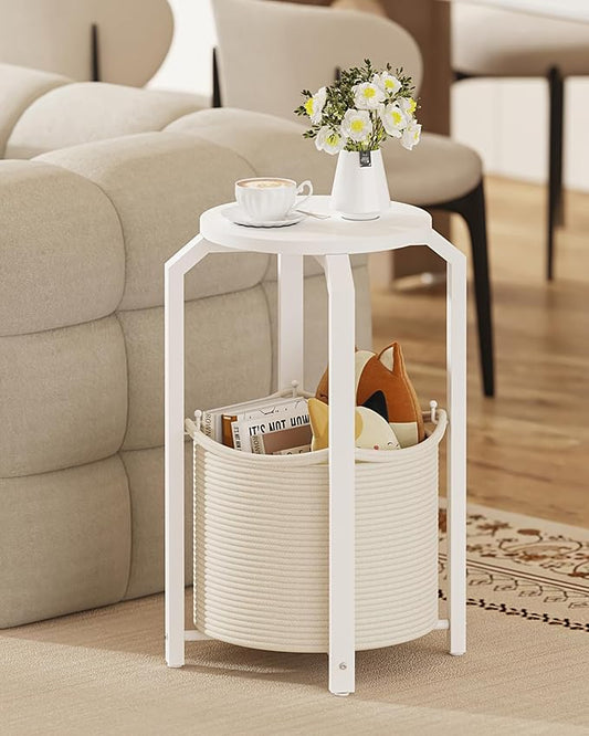 TUTOTAK Small Side Table, Round End Table, Night Stand, Bedside Table, Sofa Table with Storage Basket, Living Room, Bed Room, White TB01BW092