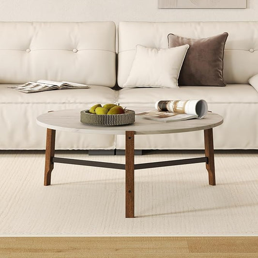 Modern Round Coffee Table, 36’’ Wide Wooden Side Table Mid-Century End Table with Wood Legs Metal Support for Living Room Bedroom, White