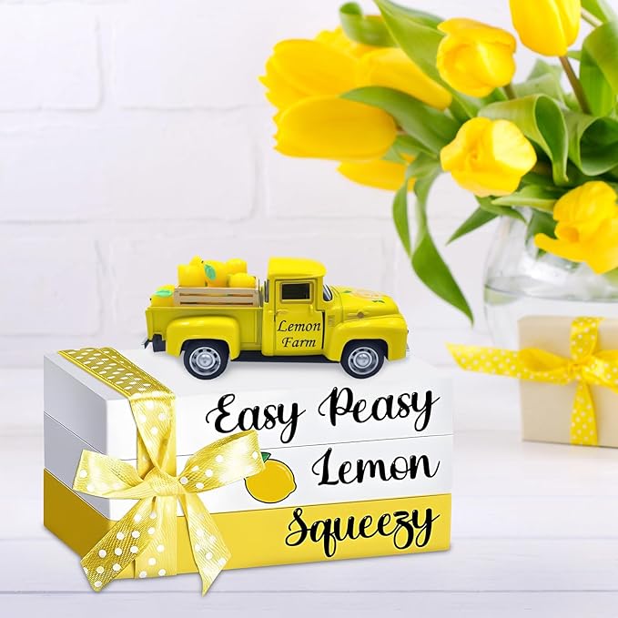 Lemon Decor Vintage Truck Decor with Mini Faux Lemons and Wooden Crate Summer Tiered Tray Decor Lemon Decorations for Home Desk Shelf Farmhouse Kitchen Centerpieces for Tables- Yellow