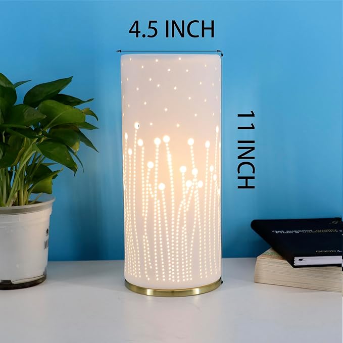 Small Modern Ceramics Bedside Table Lamp, 4.5 x 4.5 x 9.75 Inch White Firework Style Nightstand Lamps, Side Table Lamps for Bedroom Living Room Entryway Table Light
