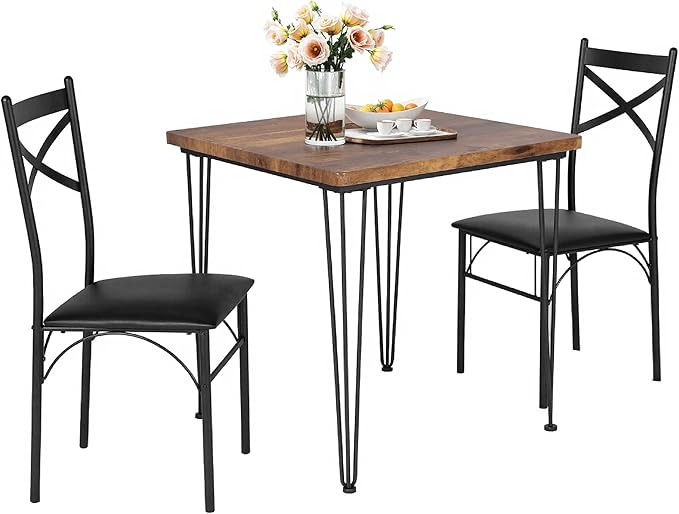 VECELO 3 Piece Dining Table Set for 2, Kitchen Table Set with 2 Chairs for Small Space, Space-Saving and Modern Design, Apartment, Easy to Assemble,Classic Brown