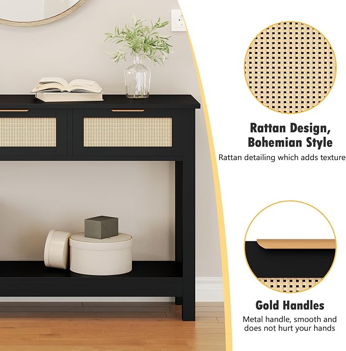 Luoxiao Entryway Console Table with 3 Rattan Drawers - Long Sofa Table Behind Couch Modern Fluted Hallway Living Room Storage Cabinet, Entry Table Open Shelf Foyer Furniture, Anti-Tip, Black, 47 Inch