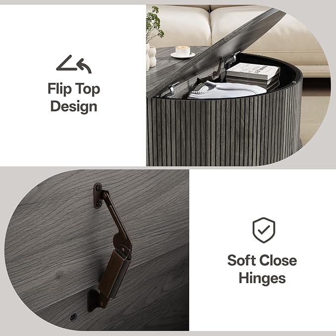 Mid Century Round Coffee Table, Fluted Center Table with Sliding Door, Modern Dining Table with Storage for Home Living Room Office, 31.5", Gray