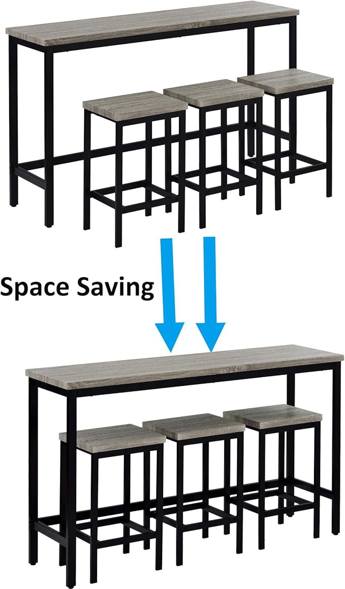 Merax 4-Piece Counter Height Extra Long Dining Table Set with 3 Stools and Side Table with Footrest Pub Kitchen Set,Grey