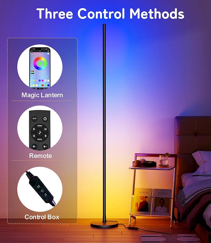 luckystyle Smart RGB Corner Floor Lamp,Bright LED Tall Modern Floor Lamp with APP and Remote,Ambient Lighting Color Changing Standing Lamps with Music Mode and Timing for Living Room,Bedroom,Party