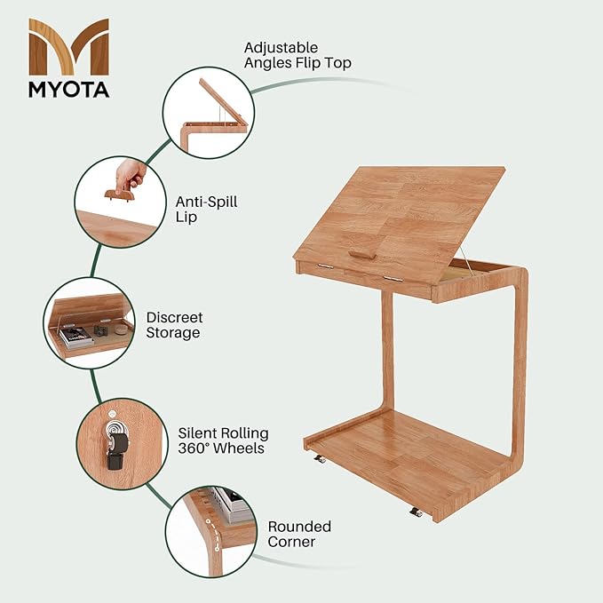 C Shaped Rolling End Table with Wheels - Solid Wood Side Table for Couch, Wooden Modern Tv Tray Bedside Tables for Sofa Armchair Living Room Bedroom, Cherry, 15.4 in x 23.6 in x 24.8 in