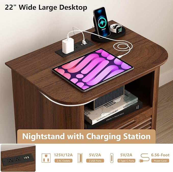 22'' Fluted Nightstand with Charging Station Set of 2, Modern End Table with 2 Drawers and Open Storage, Wood Night Stand with Round Corner, Side Table for Bedroom, Living Room, Curved Profile,Walnut