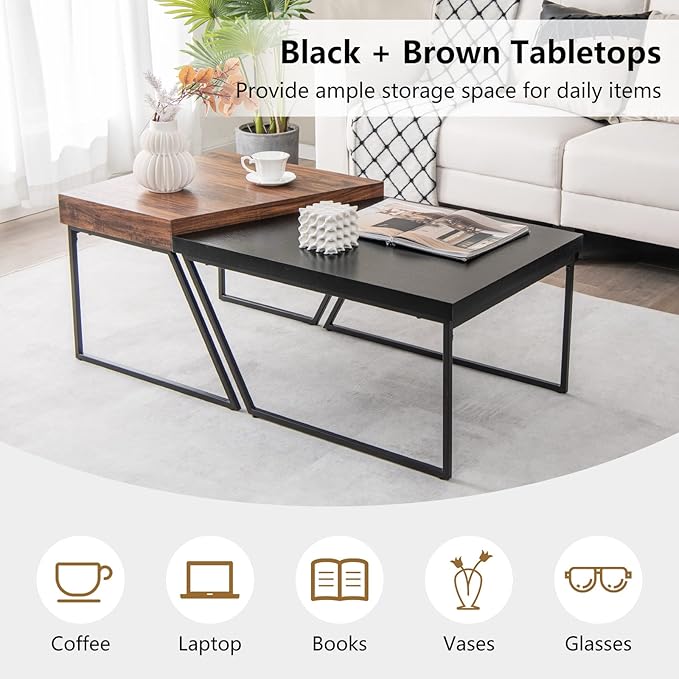 Giantex Stacking Coffee Table Set of 2, Black & Brown Modern Side Table with Powder Coated Metal Legs, Trapezoid Nesting Table for Living Room, Office, Bedroom, Black + Brown