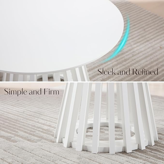 LukeAlon 24" Round Coffee Table, Mid Century Modern Wooden Center Table with Columnar Wood Strips Base Sofa Side Table Circle Tables for Living Room Small Space, White