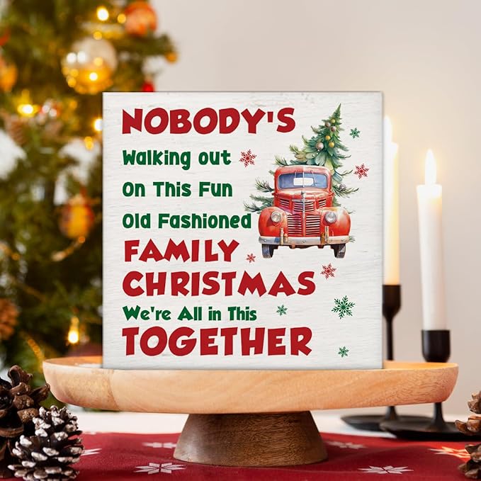 Christmas Vacation Decorations - We're All In This Together Decor, Indoor Christmas Wooden Sign, Tree Truck Home Decor for Desk Table Shelf 5 X 5 Inches
