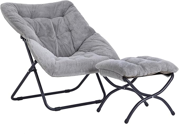 Saucer Chair with Ottoman, Oversized Foldable Faux Fur Chair, X-Large Soft Dorm Chair, Patio, Study, Playroom (Grey)