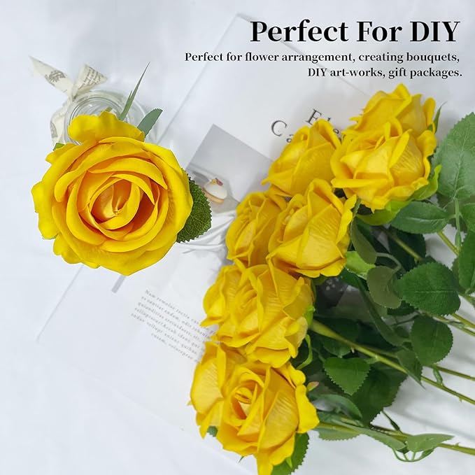 10 PCS Artificial Roses with Long Stems Silk Flowers Realistic Foam Flowers Fake Roses for Valentine's Day Home Wedding Halloween Decor(Yellow)