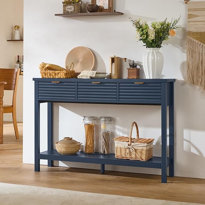 LEYAOYAO Fluted 47.2" Console Table with 3 Drawers, Modern Wood 2 Tier Entryway Table with Open Storage Shelf, Sofa Entry Tables Behind Couch for Living Room, Hallway, Entrance Foyer, Dark Navy Blue